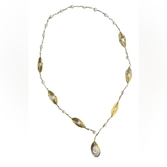 14k E Plated Gold single strand wire wrapped FWC Pearl pendant Necklace 28” - Picture 3 of 6